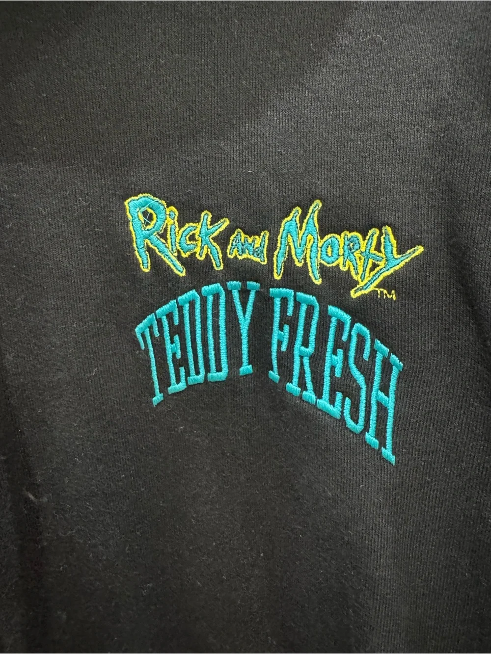 Teddy Fresh x Rick and Morty Hoodie Black Embroidered Pullover Men’s M Cotton